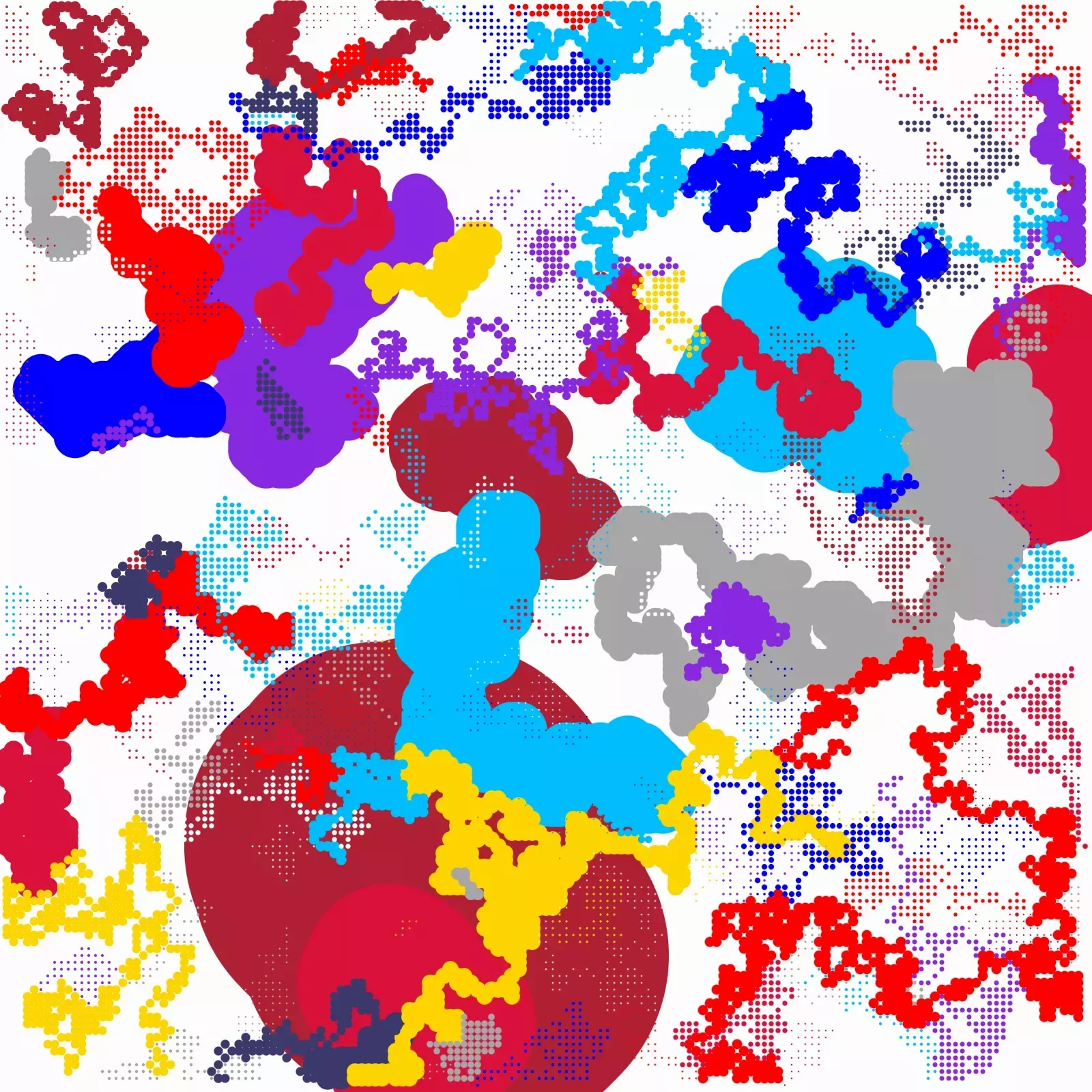 Colorful dot explosions generated via randomized self-avoiding walker at various densities