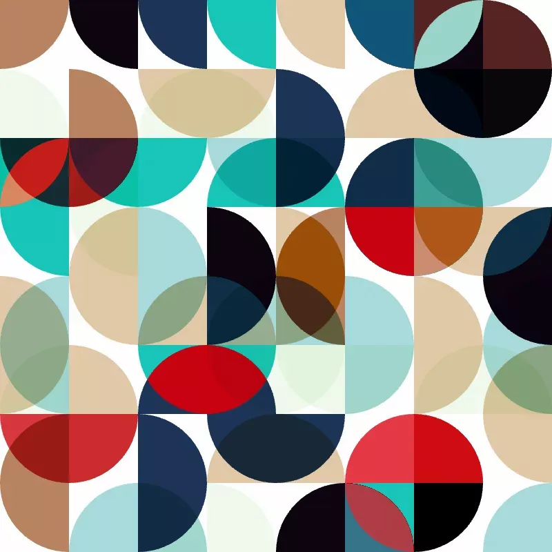 Tiled half circles randomly rotated at 0, 90, 180, and 270 degrees and combining random color blend modes