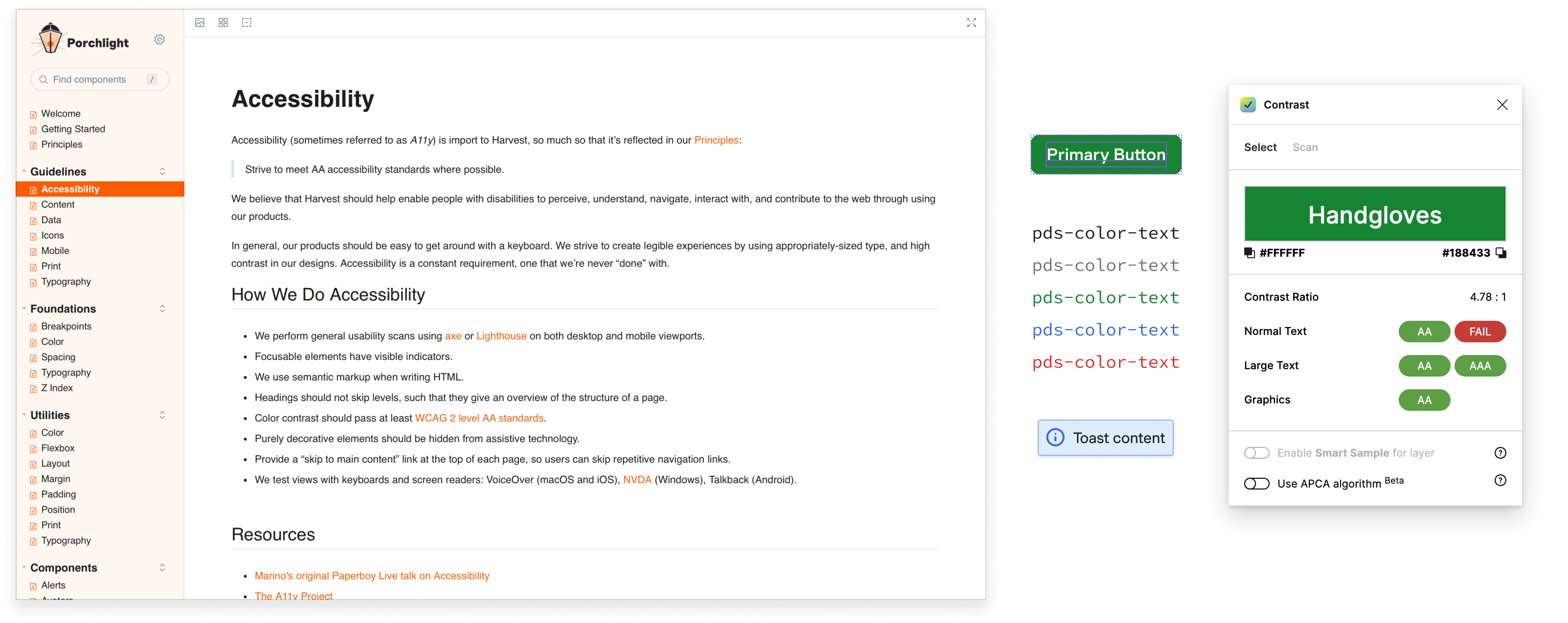 Porchlight Accessibility guidelines and colors meeting accessibility standards